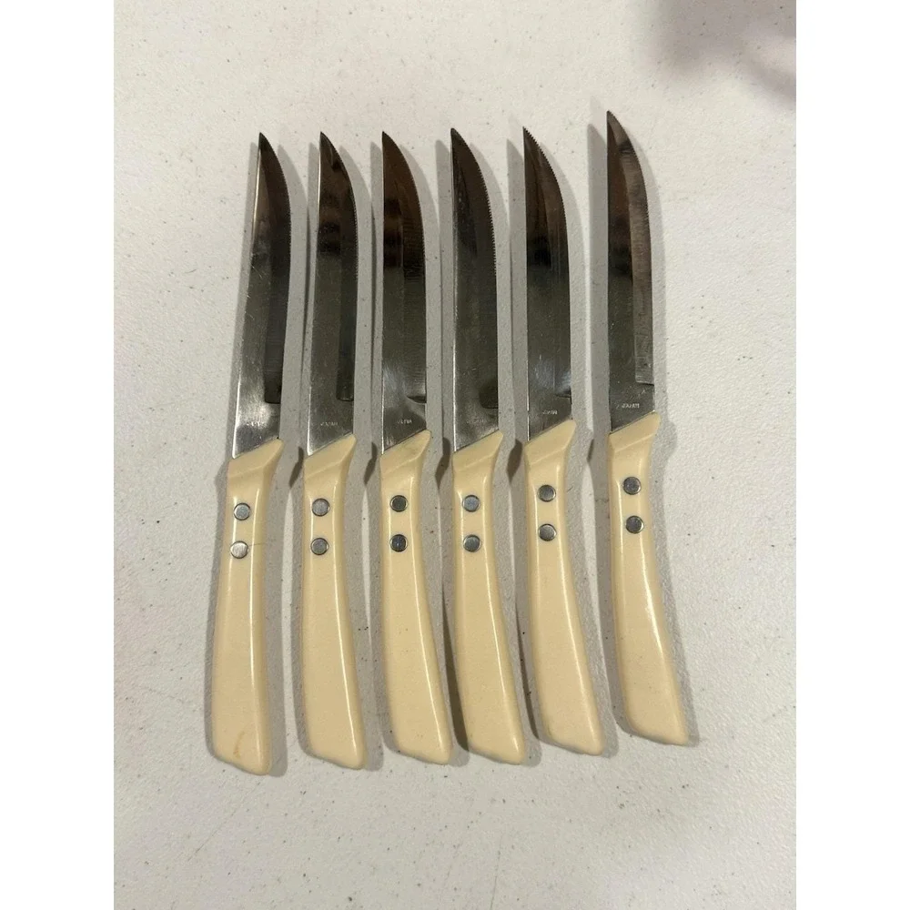 Vtg Japan Stainless Steel Steak Knife Set Of 6 W/ Wood Storage Tray & Box